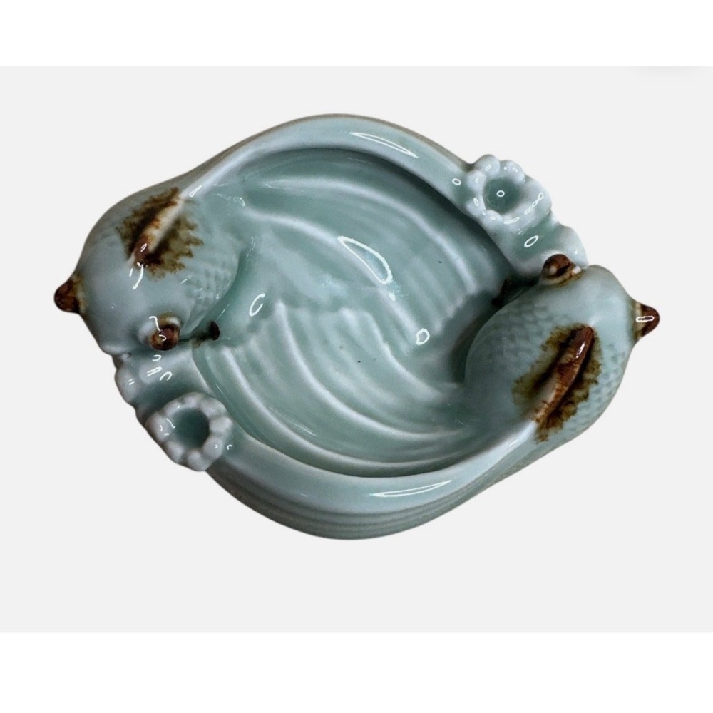Chinese Craftsmen Art Deco Modern‎ Sage Brown Trinket Dish Koi Carp Fishes